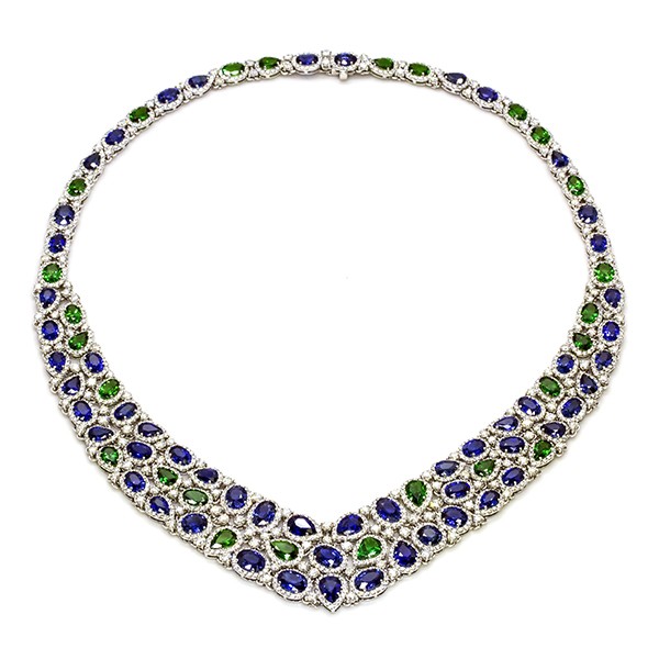18K Blue Sapphire, Green Garnet and Diamond Necklace